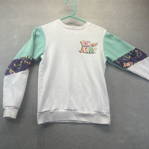Tom & Jerry Y2k White Crew Neck Sweatshirt Cartoon Graphic Sleeves Size XS - Picture 1 of 15